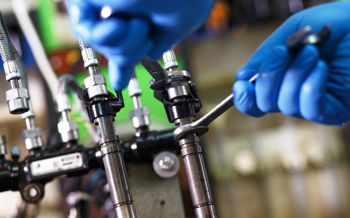 A close up of a diesel repair specialist working on a machine